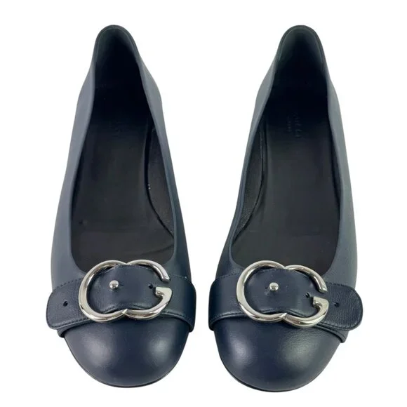 GUCCI Sachalin Navy Blue Leather GG Front Logo Cap Toe Ballet Flats 41 - 11US